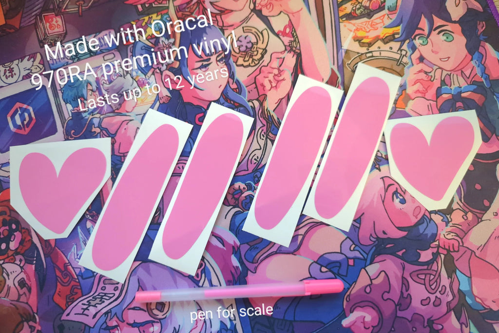 Pink heart-shaped stickers on a colorful background with anime-style characters.